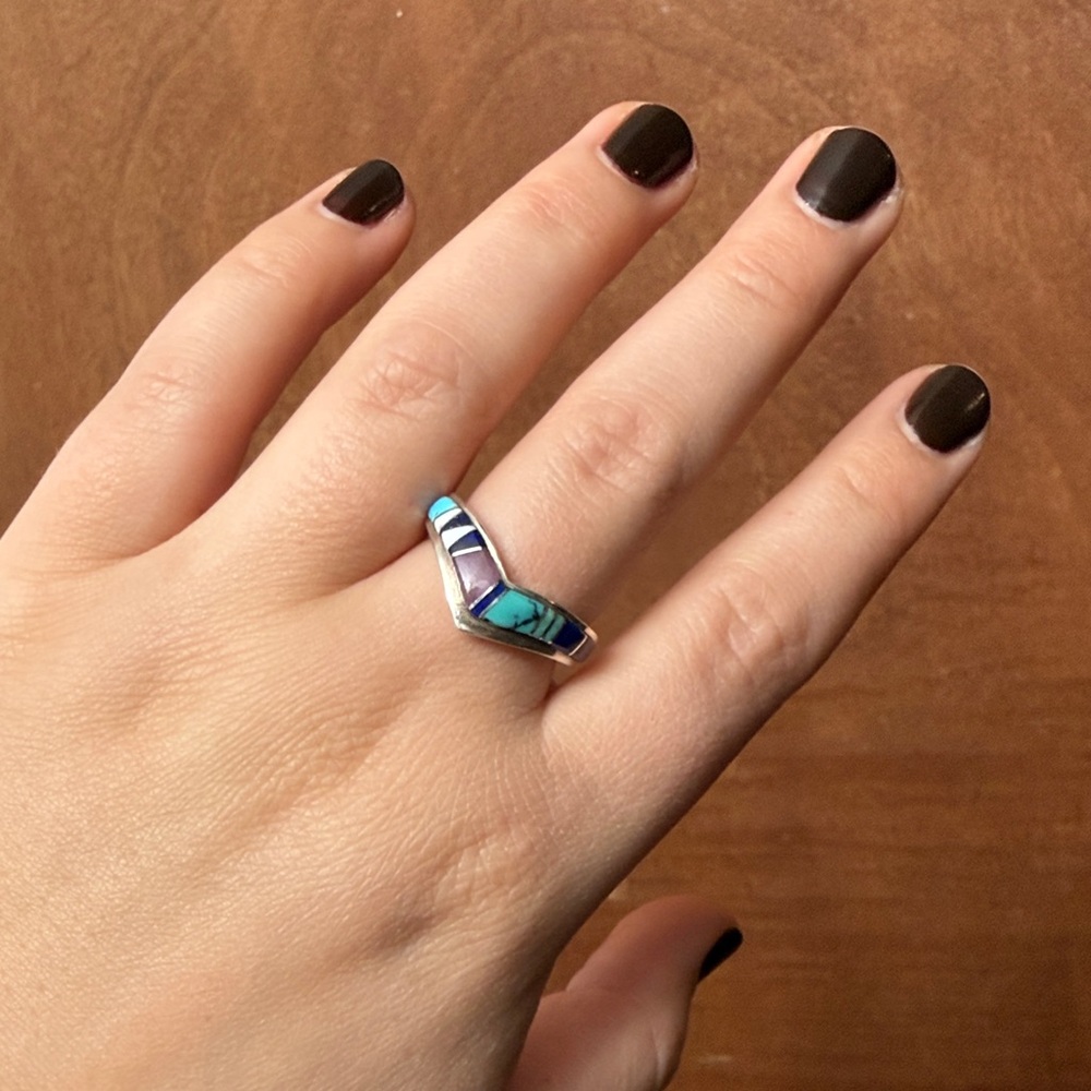 Vintage Amethyst Turquoise Lapis Lazuli and MOP Sterling Silver Zuni Inlay Ring